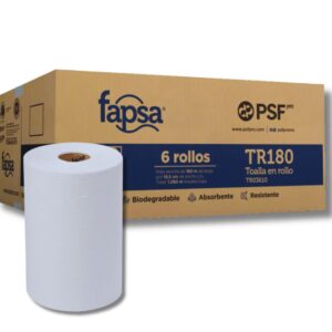 Caja de toalla en rollo para manos marca Fapsa 6 piezas x 180 metros cada uno